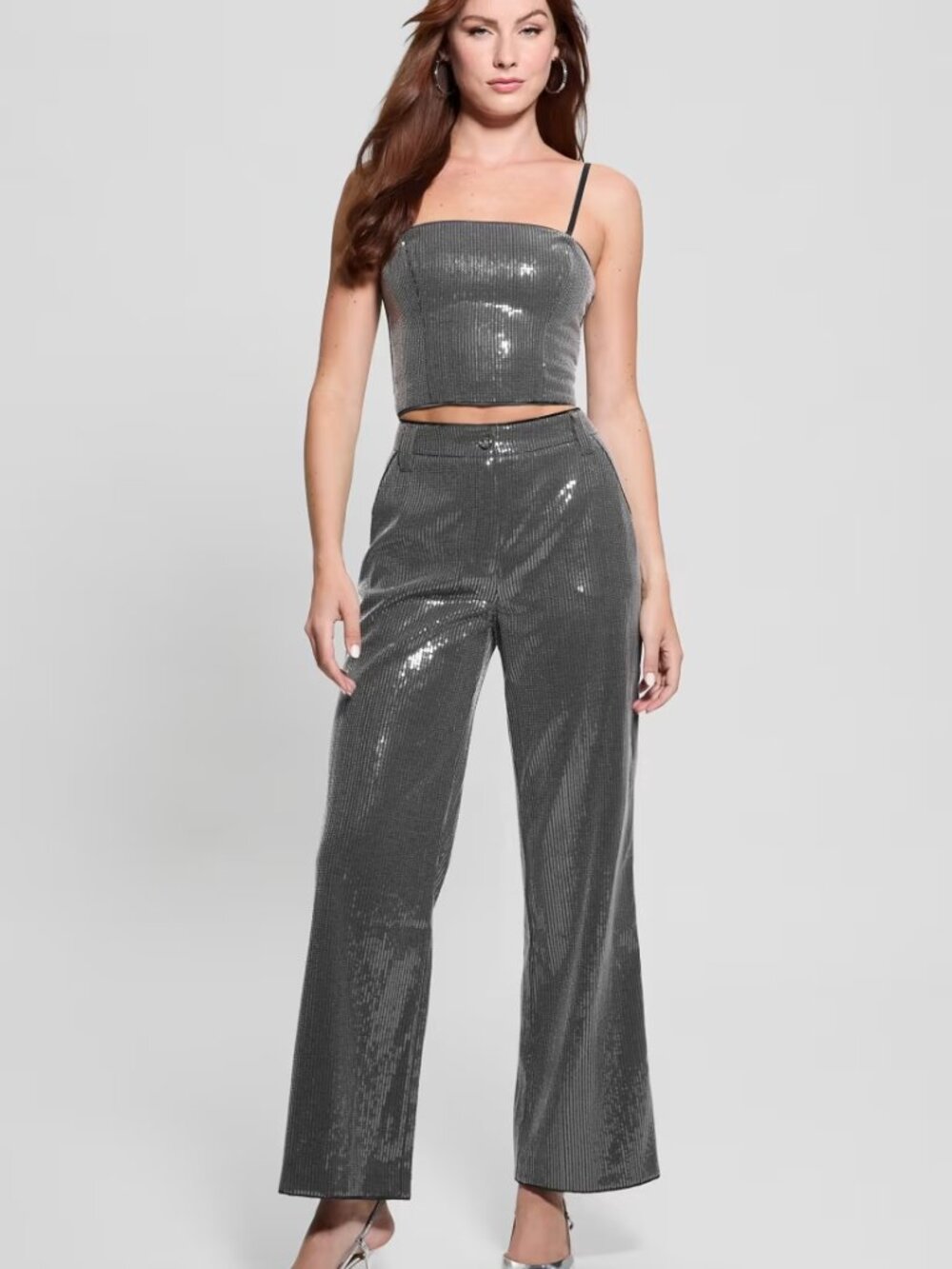 NWT Guess Cassia Sequin Pants Grey Silver Wide Leg High Rise 4-Pocket L Org $168